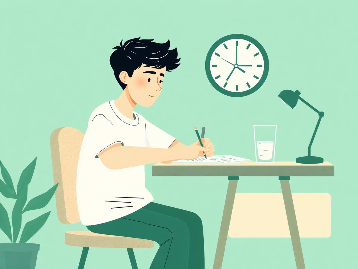 A student sitting a timed exam paper at a desk at home