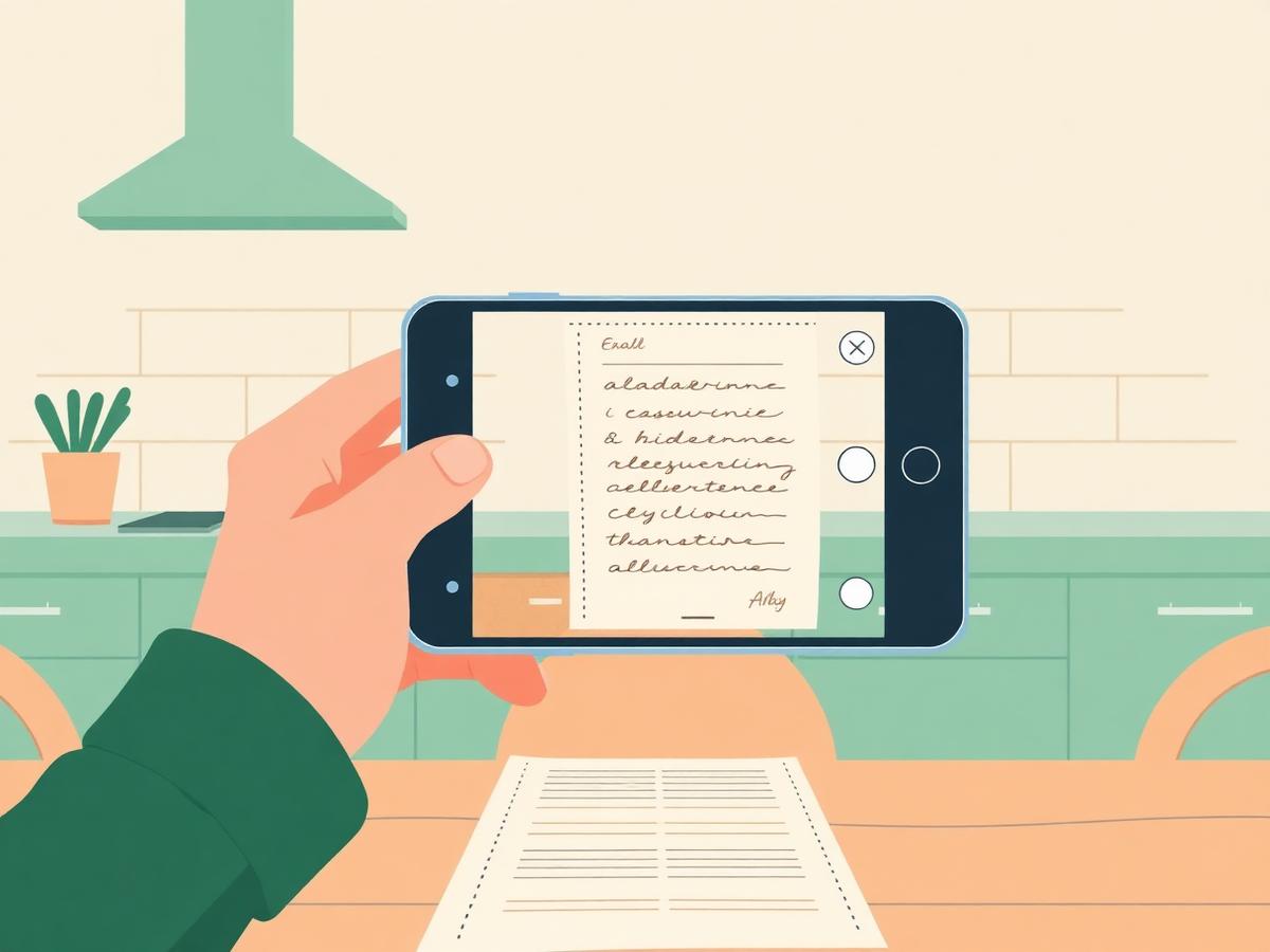 A phone photographing a completed exam paper on a kitchen table